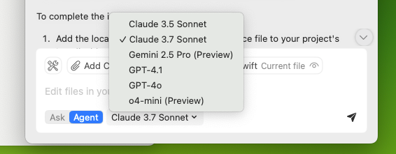 GitHub Copilot for Xcode のAgent モードで利用可能なモデルのリスト