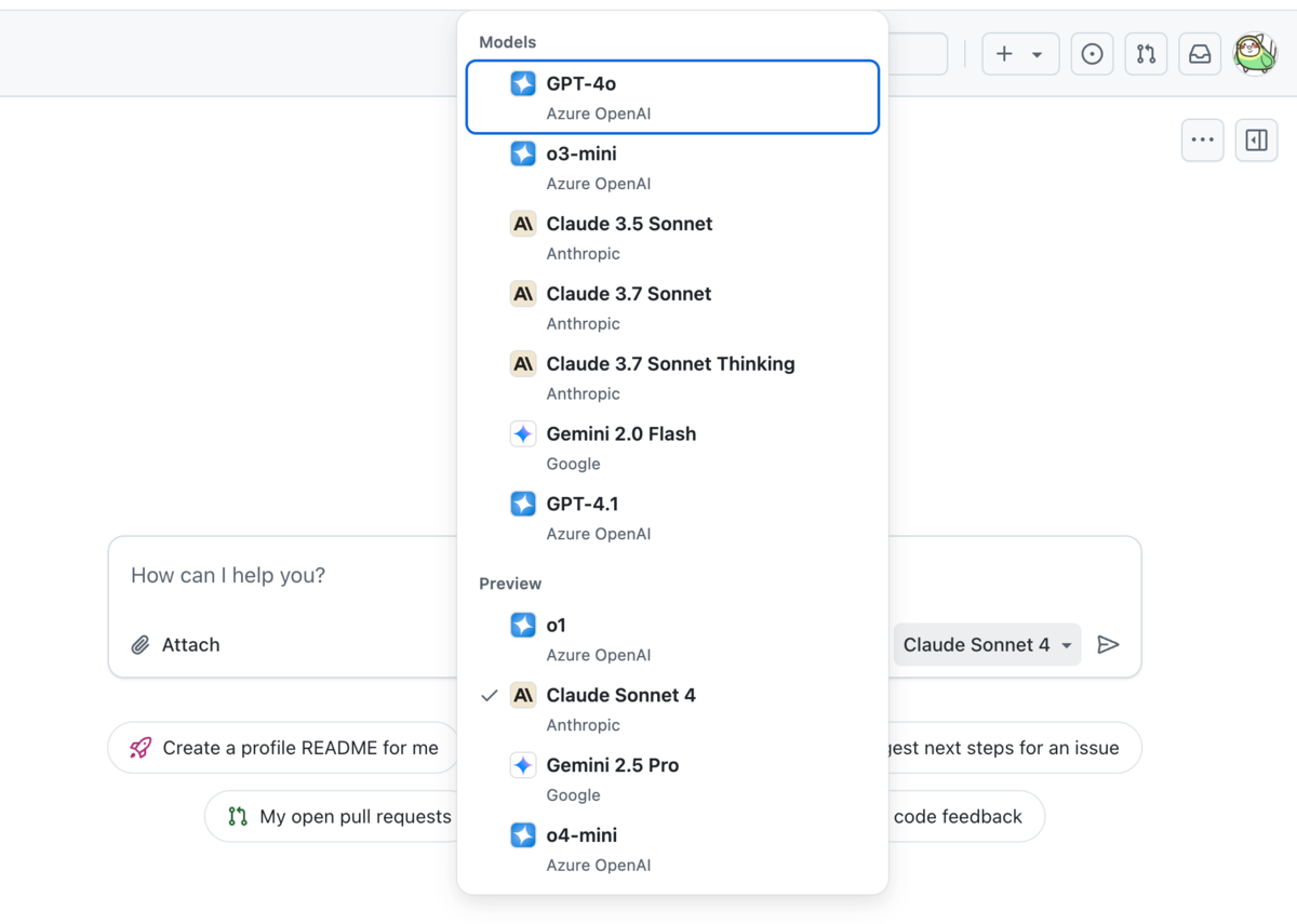 Web版のGitHub Copilotで利用可能なモデルのリスト