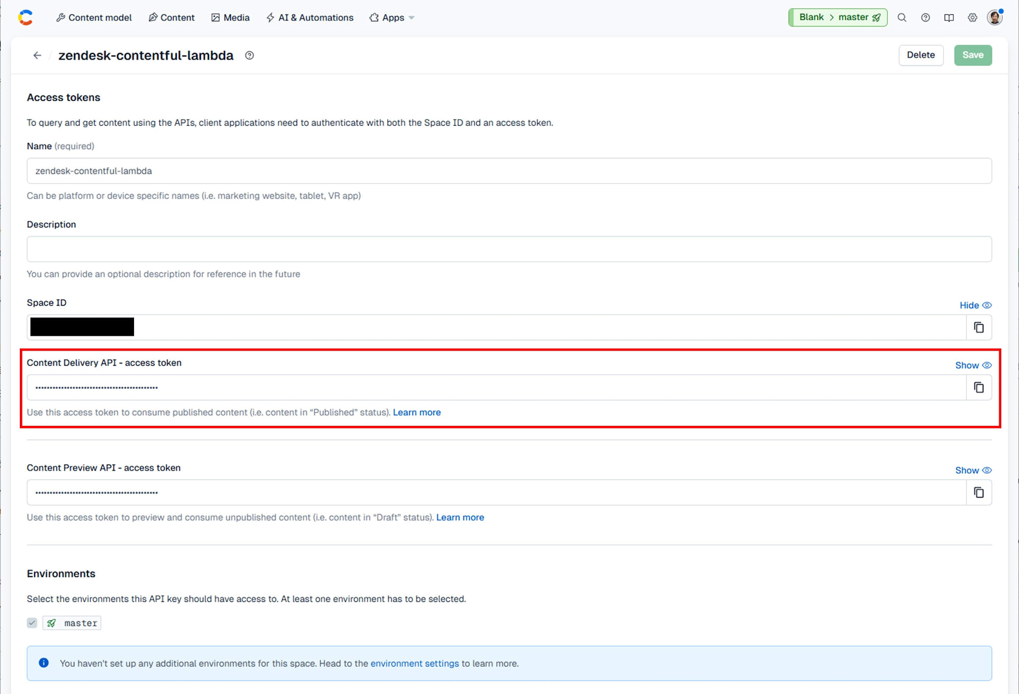 Content Delivery API - access token