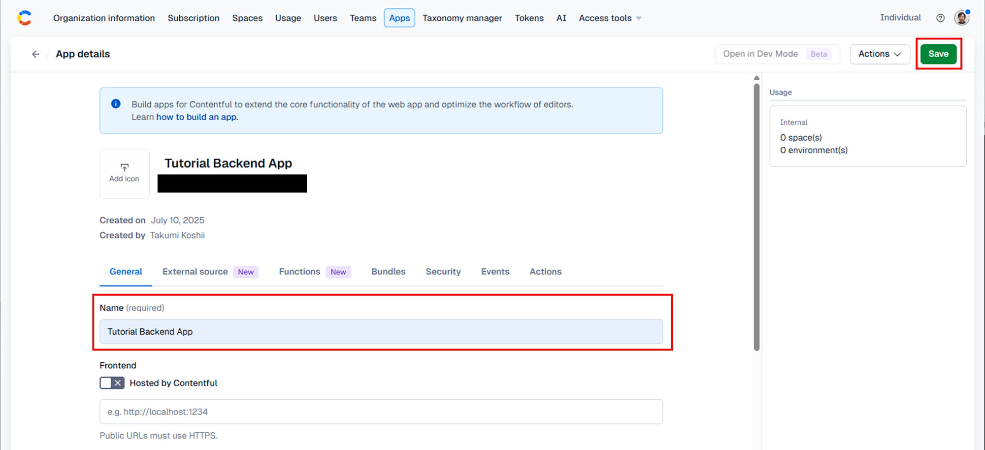 App creation setting
