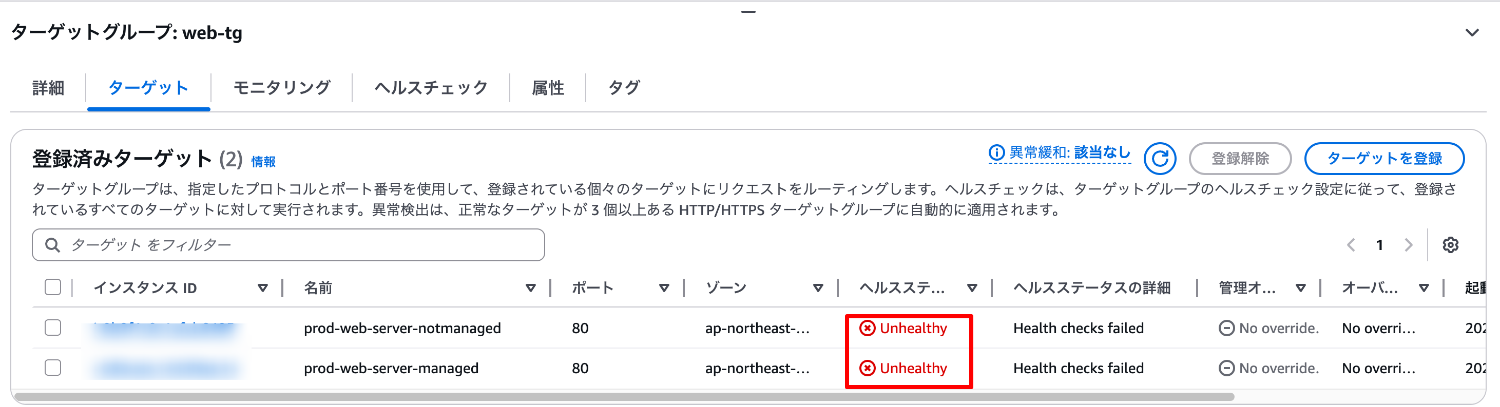 ターゲットインスタンスが異常な状態