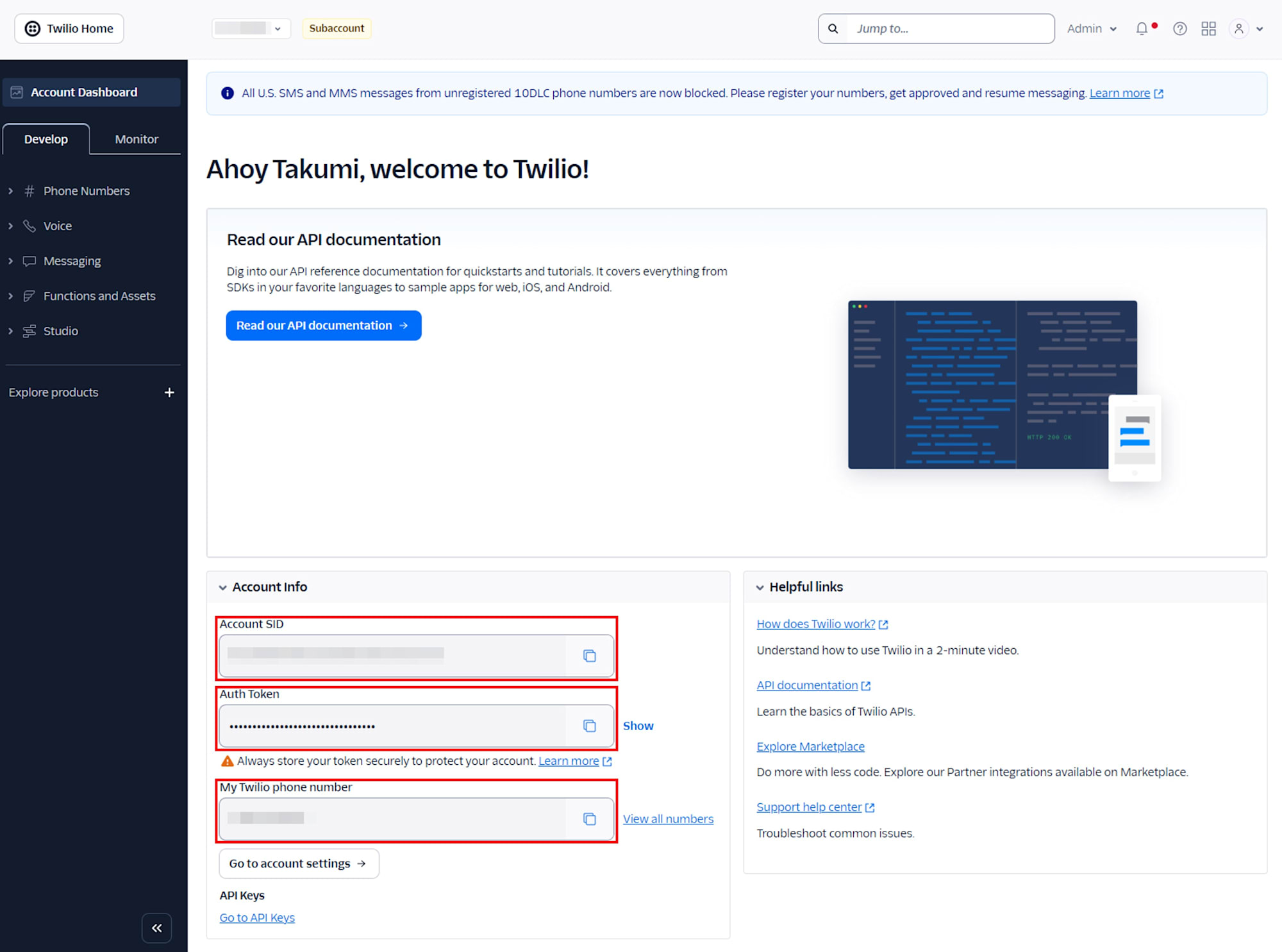 Twilio Account Dashboard