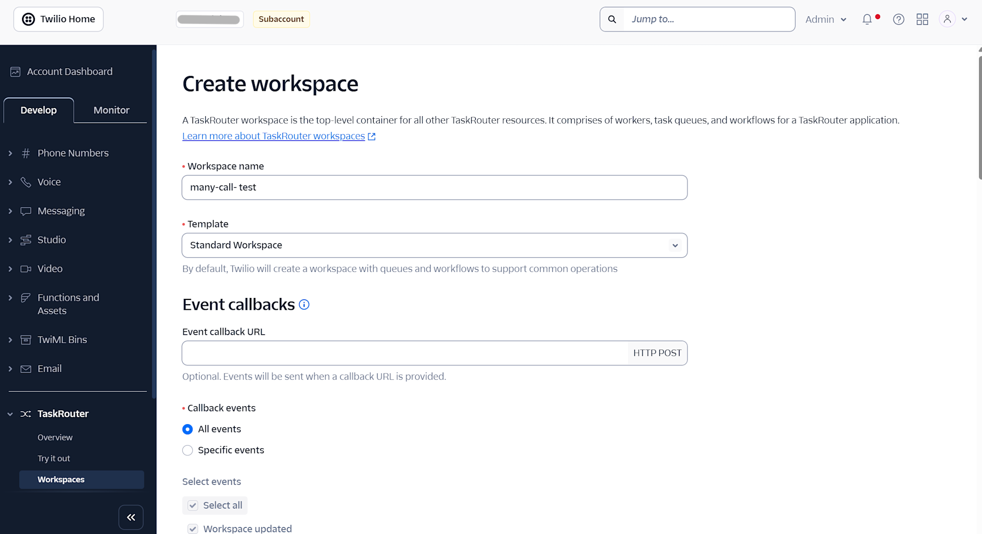 TaskRouterのWorkspace作成②