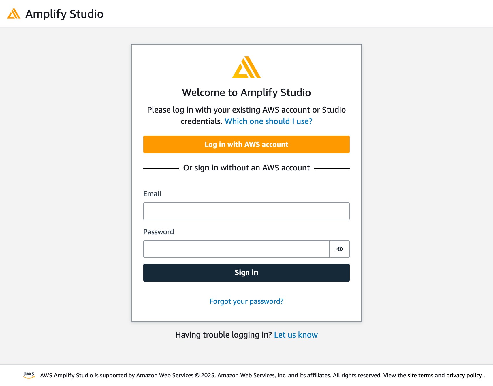 AWS Login Screens Summary Amplify Studio