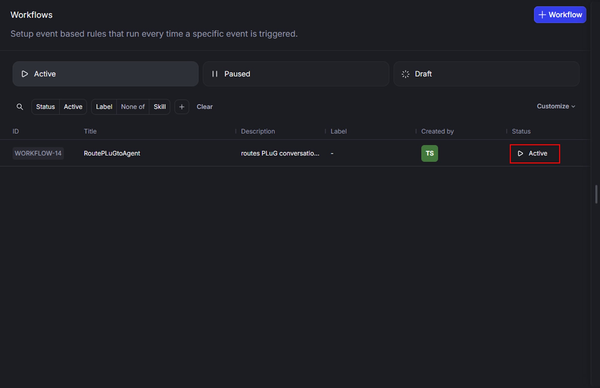 Workflow の Active 表示確認