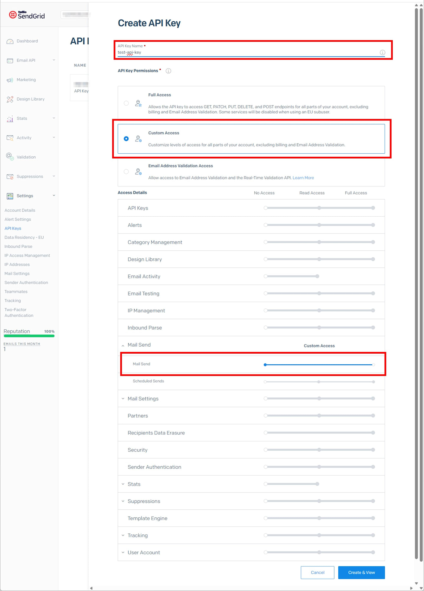 API Key Name and Permissions
