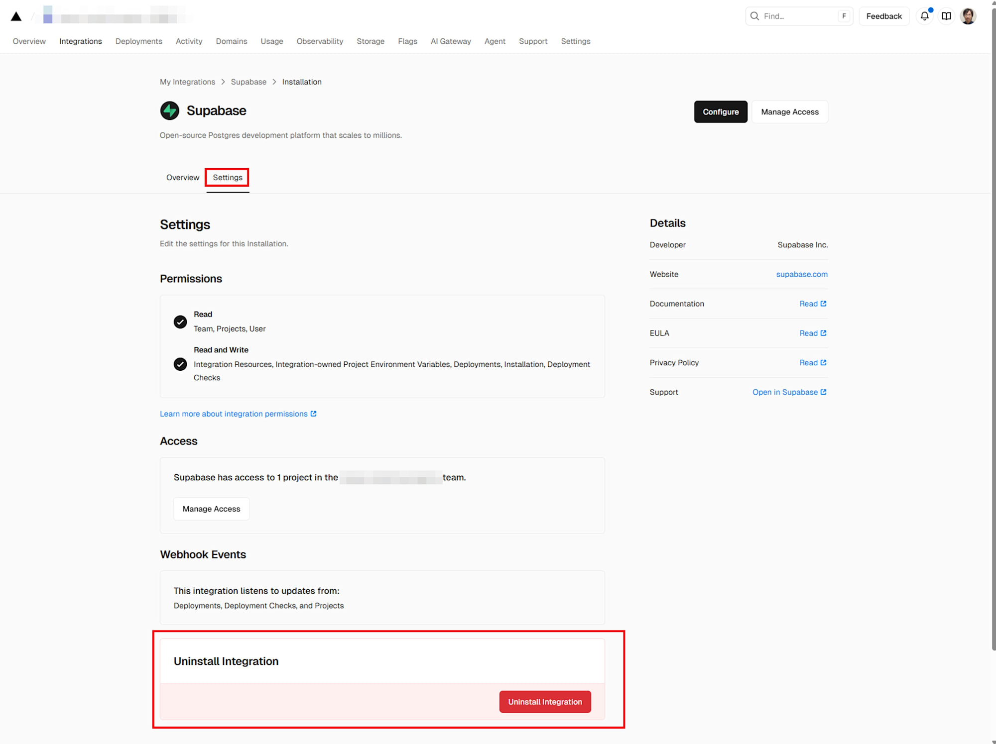 Unintall Integration