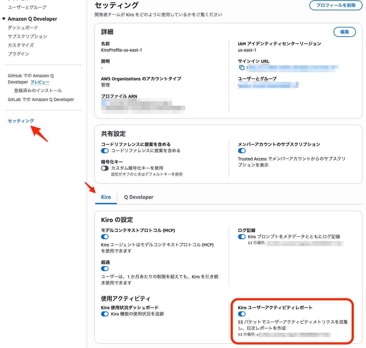 Kiro管理画面ユーザアクティビティレポート
