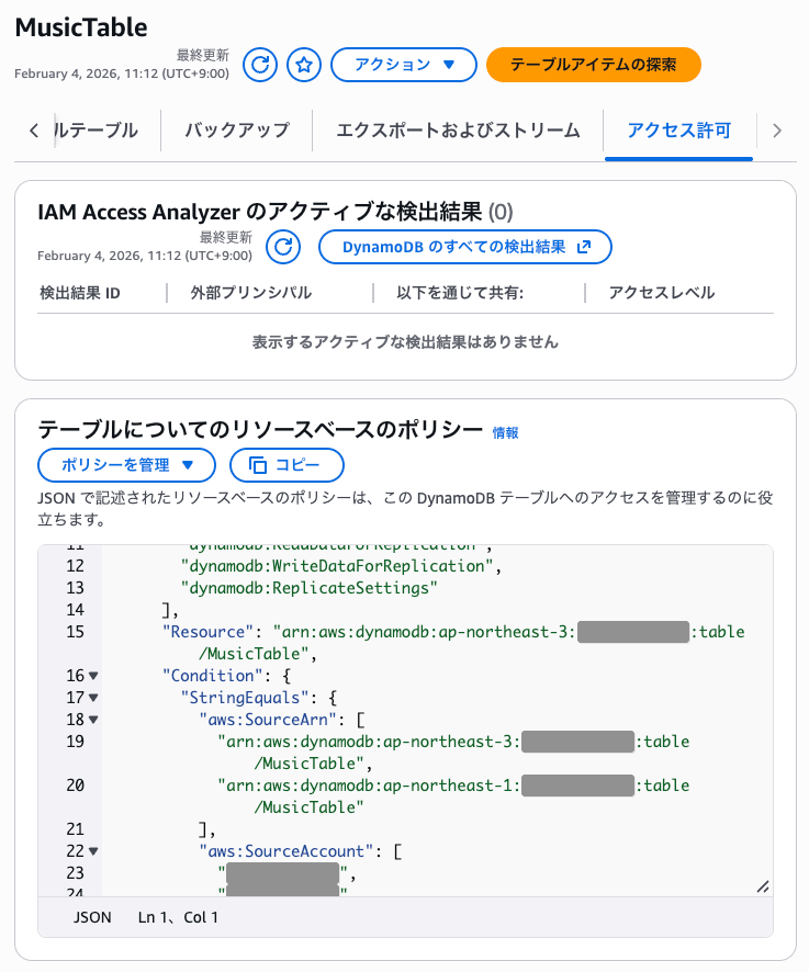 アカウント2のMusicTableに適用されたリソースポリシー