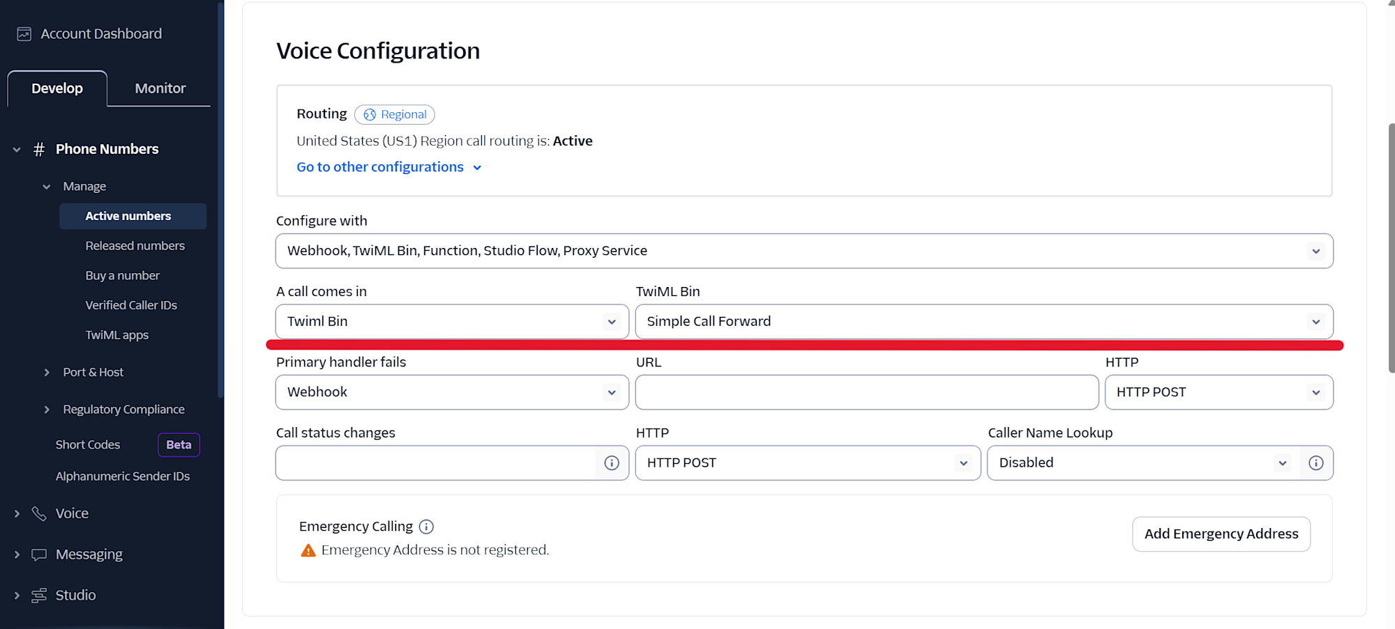 電話番号にTwiML Binを設定