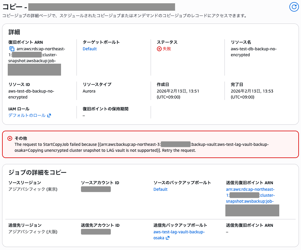 暗号化していないスナップショットをコピーできずにエラーになった時のAWSコンソール画面