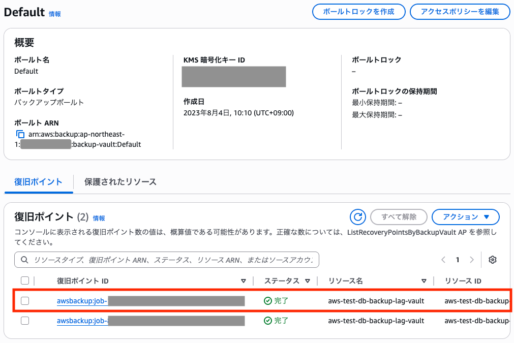東京リージョンでAuroraスナップショットの復旧ポイントが作成完了した時のAWS Backupコンソール画面
