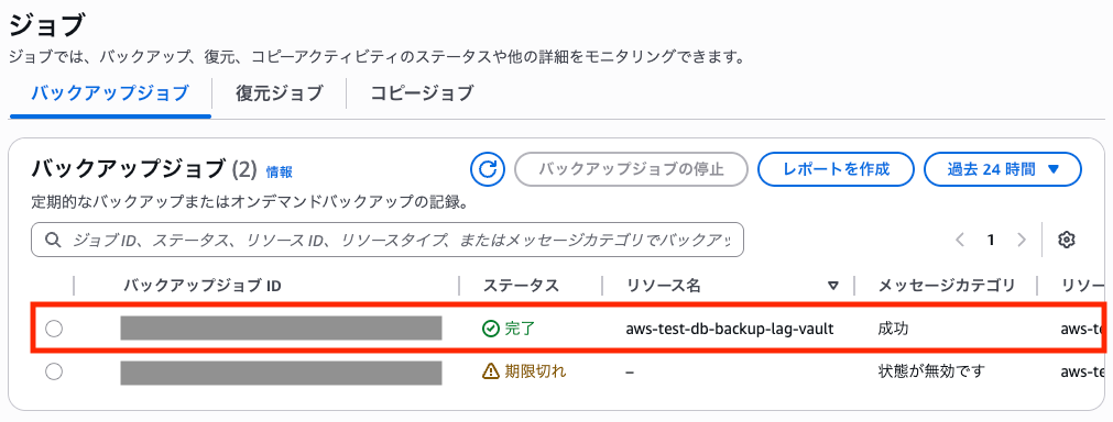 東京リージョンでAuroraクラスターのバックアップジョブが完了した時のAWS Backupコンソール画面