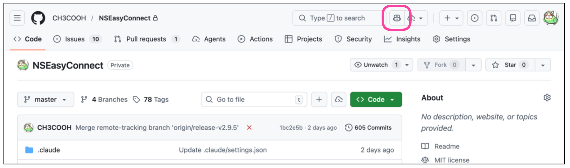 GitHubリポジトリページの右上にあるCopilotアイコンをピンクの枠で強調表示している画面