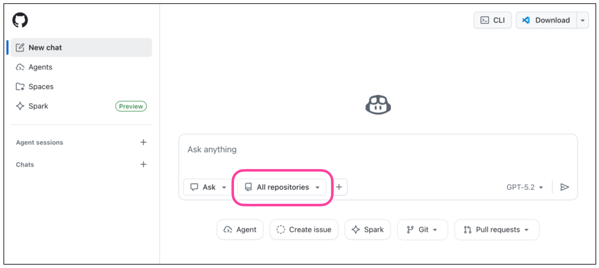 GitHub Copilot Chatの初期画面。「All repositories」ドロップダウンがピンクの枠で強調されており、リポジトリの選択が可能なことを示している