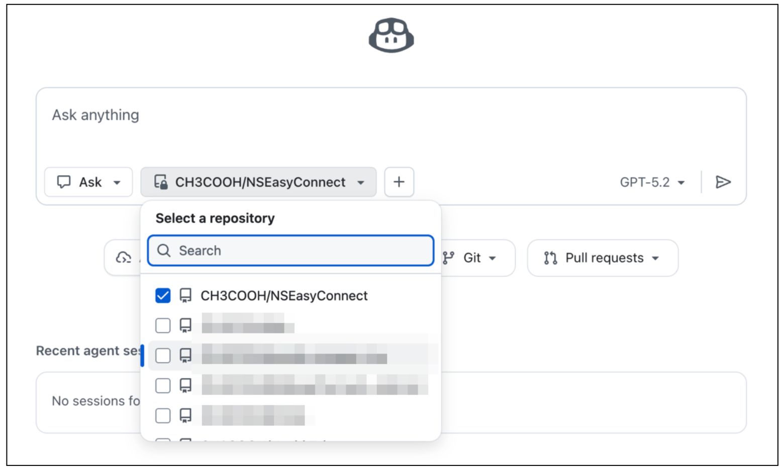 Copilot Chatのリポジトリ選択ドロップダウンを開いた状態。CH3COOH/NSEasyConnectが選択されており、他のリポジトリ一覧も表示されている