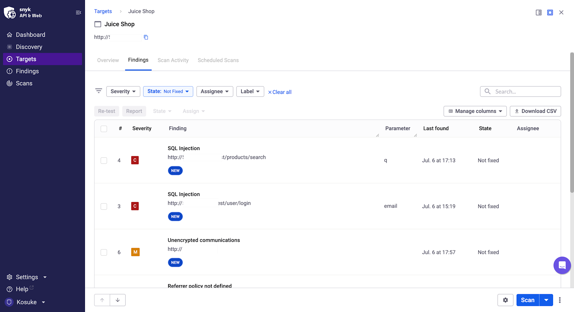 Findings一覧。SQL Injection(Critical)などが検出されている