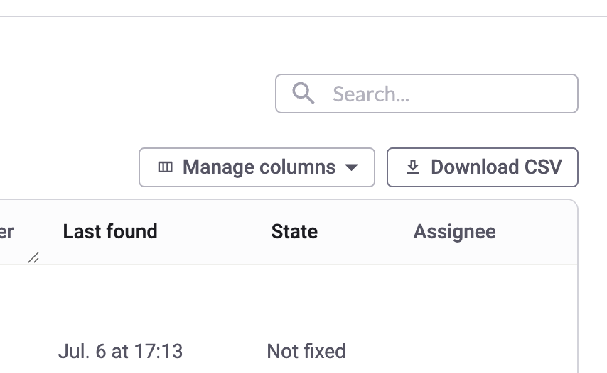 Findings画面のDownload CSVボタン