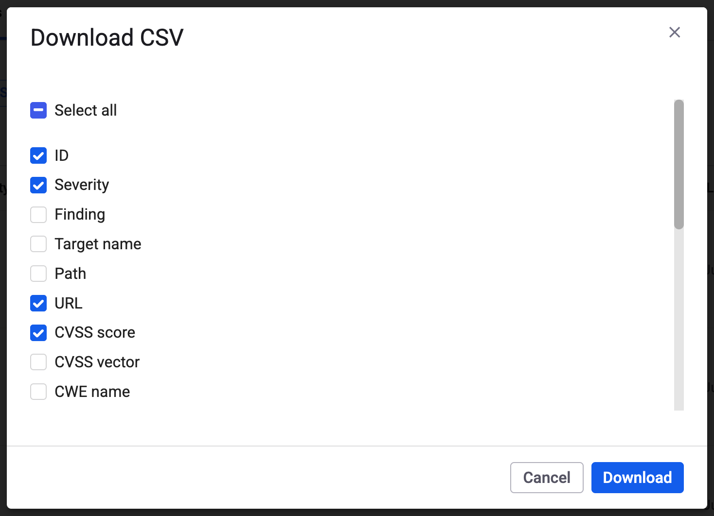 Download CSVダイアログ。出力する列を選択できる